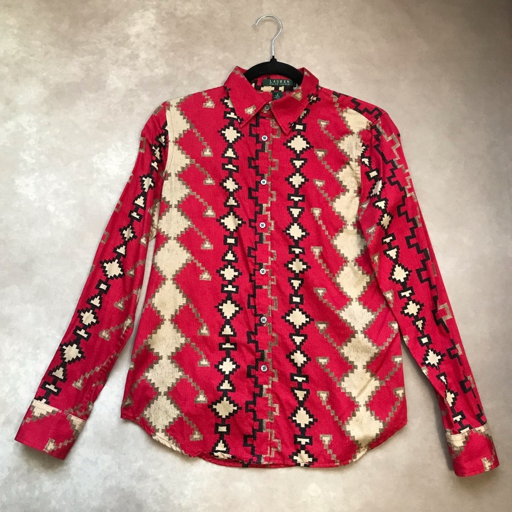 Vintage Ralph Lauren Red Aztec-Print Button-Down Shirt
